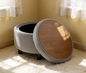 English Elm 25 Inch Round Fabric Pouf Ottoman with Removable Wooden Lid and Hidden Interior Storage Light Grey W5568P461344