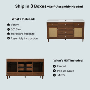 English Elm 60" Boutique Bathroom Vanity Rattan Doors Soft Close Drawers Smc Sink Pine Legs Brown N817P397678B