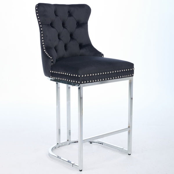 English Elm 25" High Back Velvet Counter Stools Set of 2 with Deep Button Tufting, Spring-Cushion Comfort & Chrome Base Black W1143P217851