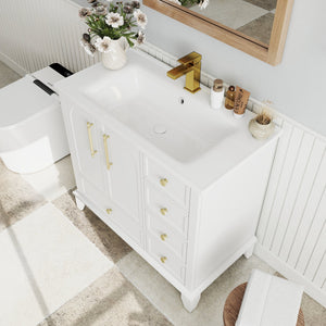 English Elm 35.6" Freestanding Bathroom Vanity with Roman Column Base and Ceramic Integrated Sink White W1801S00003