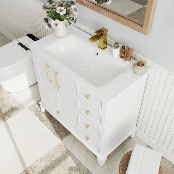 English Elm 35.6" Freestanding Bathroom Vanity with Roman Column Base and Ceramic Integrated Sink White W1801S00003