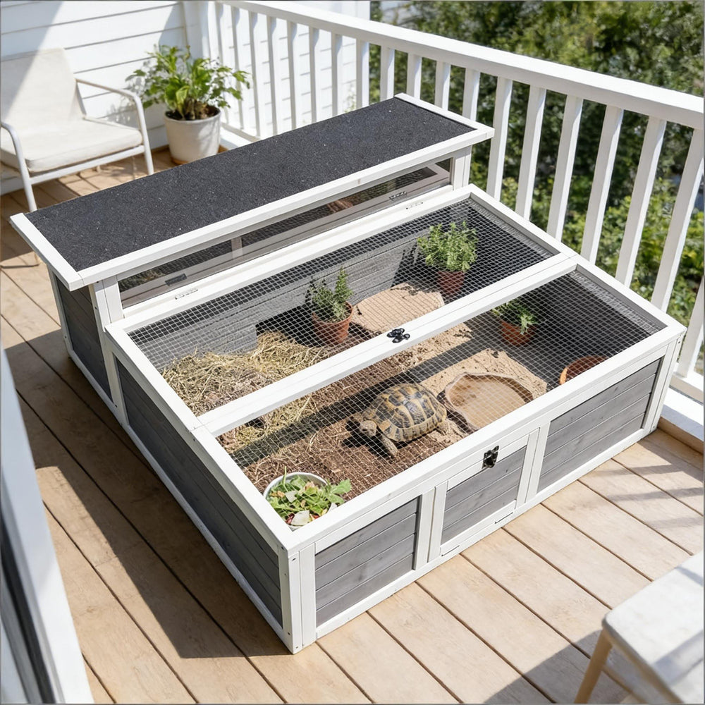 English Elm Pet Tortoise Fir Wood Enclosure with Galvanized Mesh Dual Zone Basking Run Habitat T3971P481432