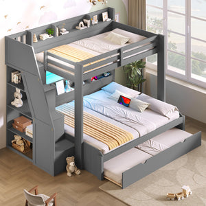 English Elm Twin Over Full Bunk Bed with Stair Drawers Shelves Led Lighting and Usb Port Grey N7090005013E