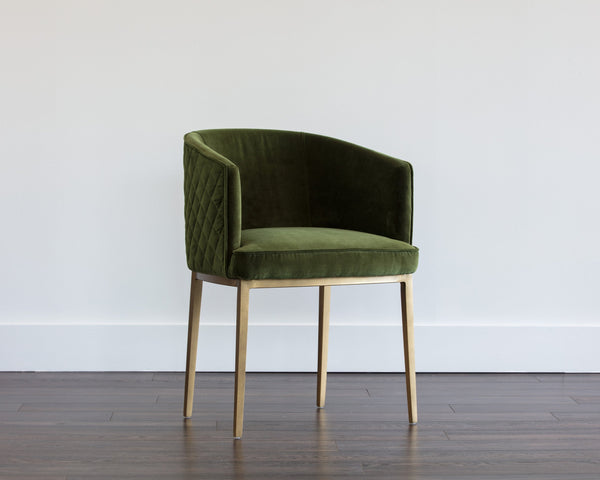 Sunpan Cornella Dining Armchair - Elegant Modern Design with Antique Brass Frame and Diamond Stitching Detail Forest Green