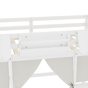 English Elm Twin Loft Bed Cottage-Style Playhouse with Built-In Bookshelf, Curtain & Storage, Safe Guardrails White W1580S00355