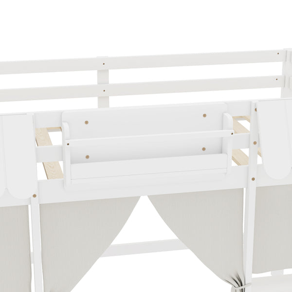 English Elm Twin Loft Bed Cottage-Style Playhouse with Built-In Bookshelf, Curtain & Storage, Safe Guardrails White W1580S00355