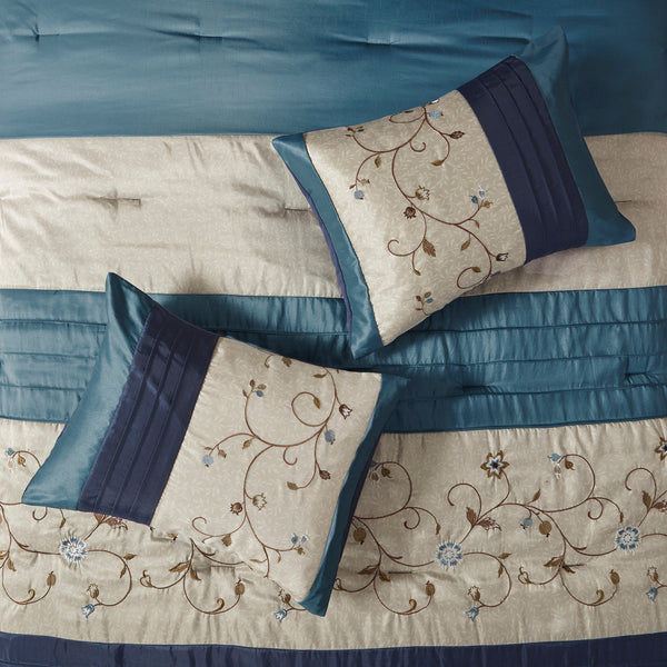 English Elm Embroidered 7-Piece Comforter Set For California King Bed - Luxurious Navy, Floral Design & Pillows B03596946