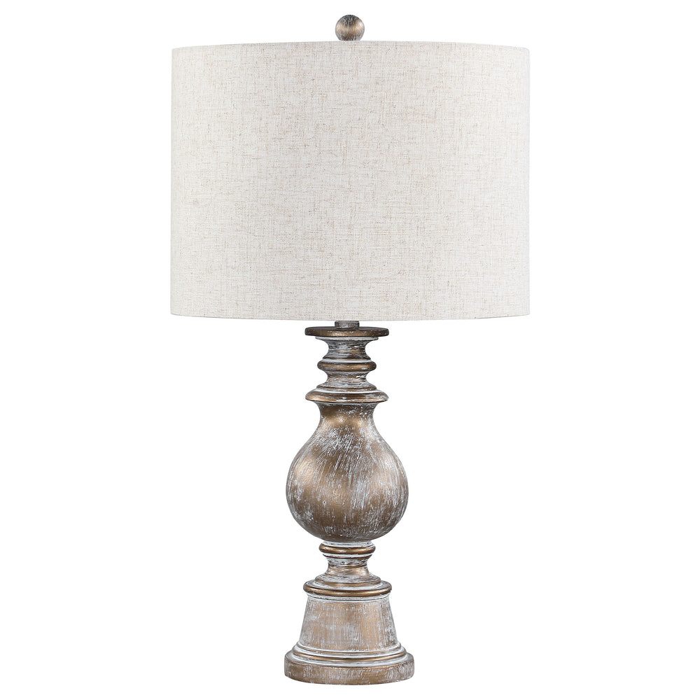 English Elm Wahlburg Oatmeal and Antique Gold Drum Shade Table Lamp — 28" Elegant Polyresin Accent Lamp, Dimmable Options B062P344889
