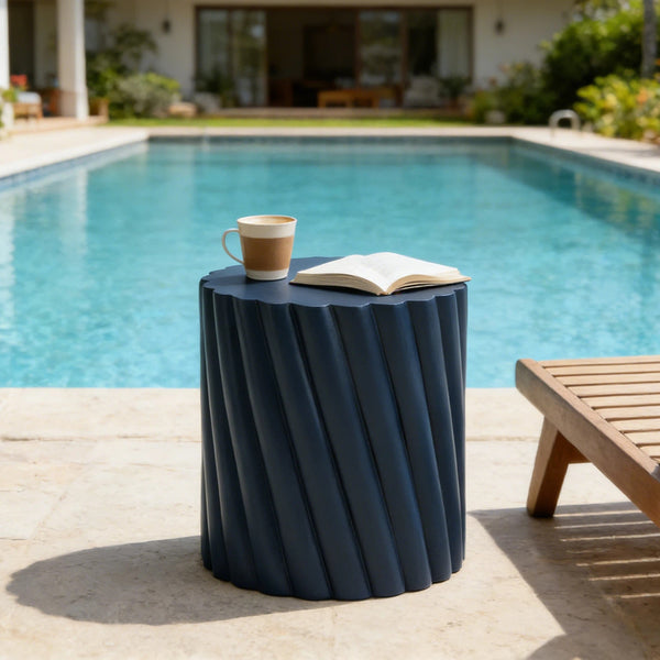 English Elm Modern Fluted Mgo Outdoor Accent Stool Weather Resistant Patio Navy Sculptural Table N770P396700N