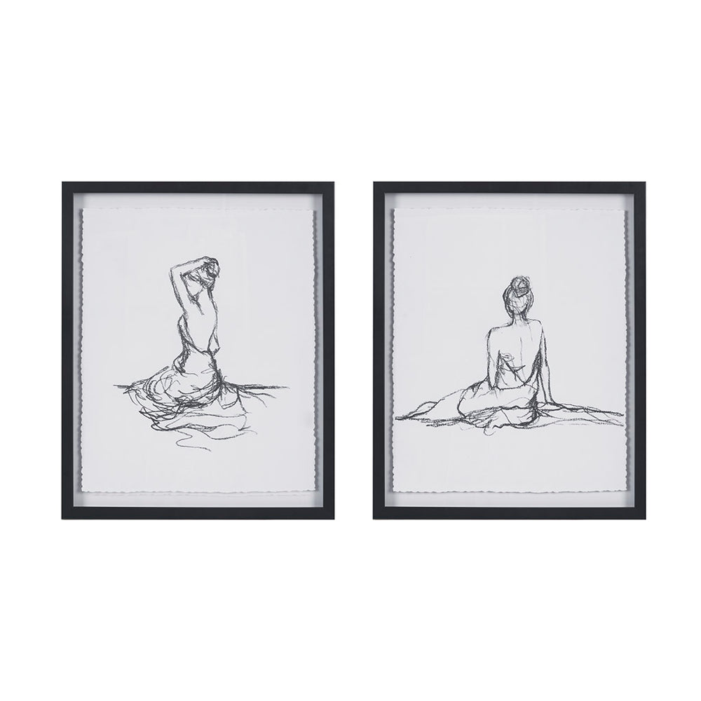 JLA Home Madison Park - Sketch Elise Green 2-Piece Framed Glass Wall Art Set — Minimalist Feminine Sketches on Deckled Paper, 17" x 21" MP95G-0253