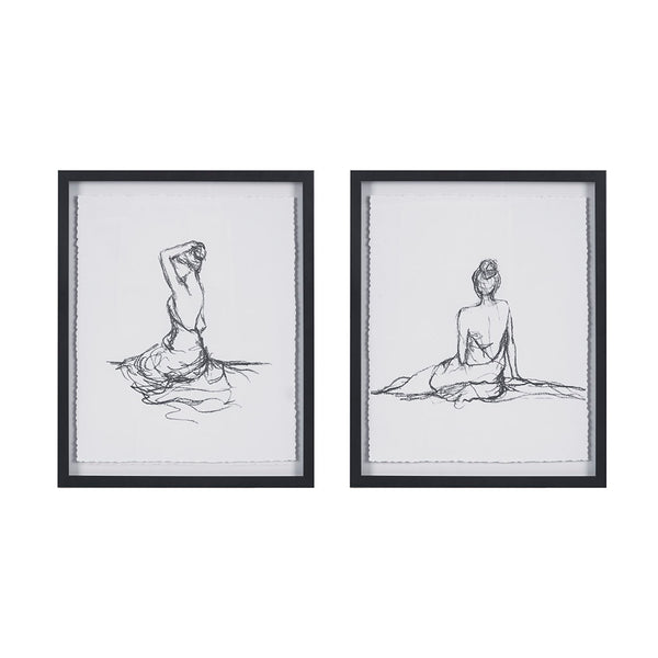 JLA Home Madison Park - Sketch Elise Green 2-Piece Framed Glass Wall Art Set — Minimalist Feminine Sketches on Deckled Paper, 17" x 21" MP95G-0253