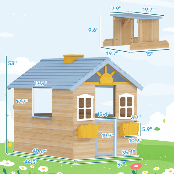 English Elm Kids Solid Fir Outdoor Playhouse with Bench Service Station and Flowerpot Holders T3971P439327