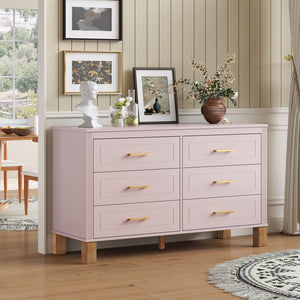 English Elm 6-drawer Double Dresser Solid Wood Legs Mid-century Modern Bedroom Storage Cabinet Pink W1445S00009