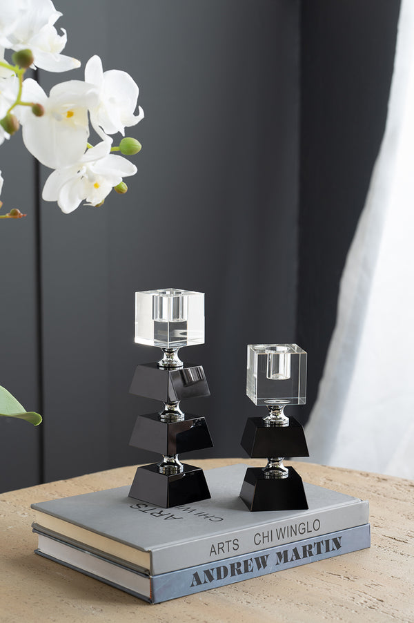 English Elm 2.4X2.4X5.9" Elegant Black And Clear Two-Tiered Square Candle Holder For Modern Home Décor Accents W2078P390744