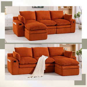 English Elm L Shaped Corduroy Modular Sectional with Cloud Cushions Footstool and Lumbar Pillows Orange W395S00137