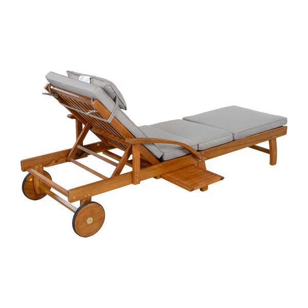 English Elm U_style Acacia Wood Outdoor Chaise Lounger with Reclining Backrest Cushions and Side Tray Gray N711P415859E
