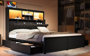 English Elm Queen Storage Bed Frame with Led Lighting Charging Station and Four Under Drawers W1670S00030