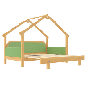 English Elm Twin Pine Treehouse Floor Bed with Padded Rails and Cabin Roofline for Kids Green W1580S00384