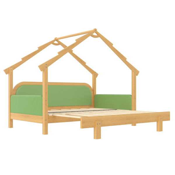 English Elm Twin Pine Treehouse Floor Bed with Padded Rails and Cabin Roofline for Kids Green W1580S00384