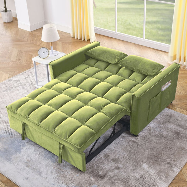 English Elm Sleeper Velvet Convertible Sofa Bed 3-in-1 Recliner 2-Seater Sectional with Pillows & Side Pockets Green W1853P255670