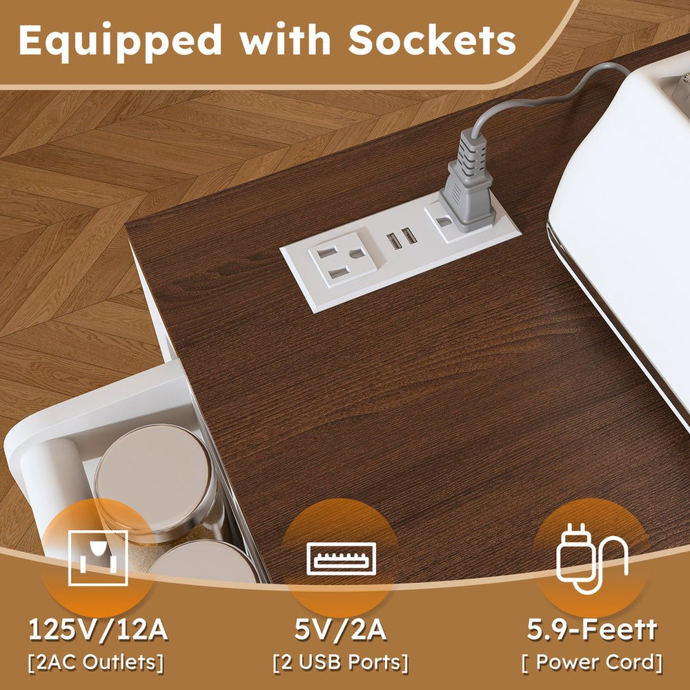 English Elm 74.8" Rolling Kitchen Island Extendable Marble Veneer Top with Power Outlet and Storage W2700S00105