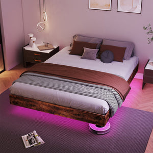 English Elm King Platform Bed with Rgb Led Ambient Glow Heavy Duty Metal Frame Floating Design T3963P446982