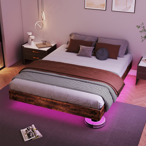 English Elm King Platform Bed with Rgb Led Ambient Glow Heavy Duty Metal Frame Floating Design T3963P446982