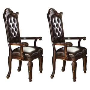 English Elm Espresso Tufted Back Arm Chairs Set of 2 with Cherry Wood Floral Carving, Faux Leather, Nailhead Trim B062P185666