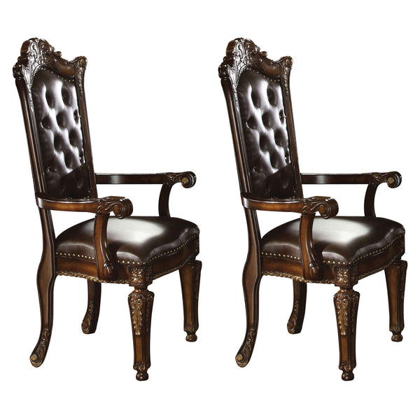 English Elm Espresso Tufted Back Arm Chairs Set of 2 with Cherry Wood Floral Carving, Faux Leather, Nailhead Trim B062P185666