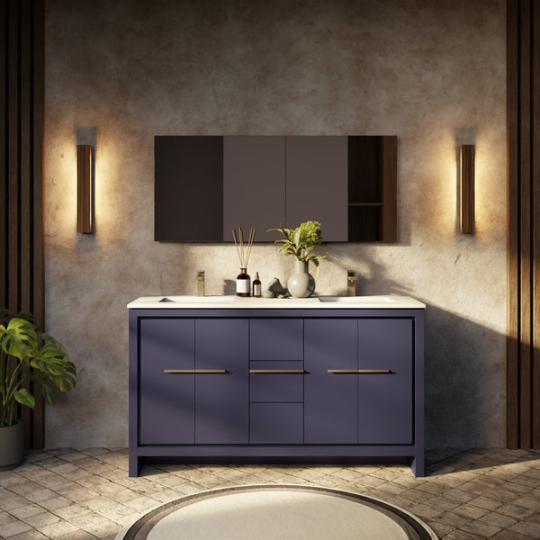 English Elm Navy Double Bath Vanity 60" W With White Quartz Top, Gun Metal Faucet & Ample Storage Solutions B2731P259441