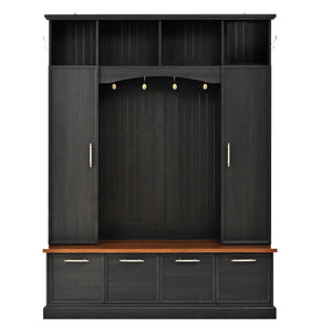 English Elm Hall Tree with Cabinet Storage Bench Gold Hooks Modern Farmhouse Entryway Organizer N721P313980B