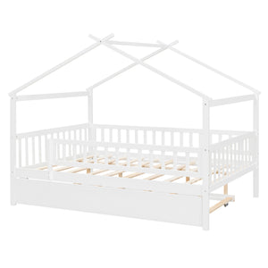 English Elm Full Size Pine House Bed with Roofline Frame and Roll Out Twin Trundle for Kids LP100306AAK