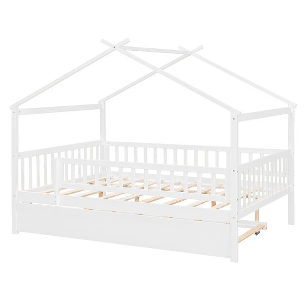 English Elm Full Size Pine House Bed with Roofline Frame and Roll Out Twin Trundle for Kids LP100306AAK