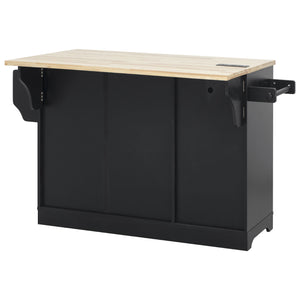 English Elm K&K Vintage Kitchen Island with Rubberwood Top, Hidden Wheels, Pull-Out Trash & Charging Station Black N707P299014B