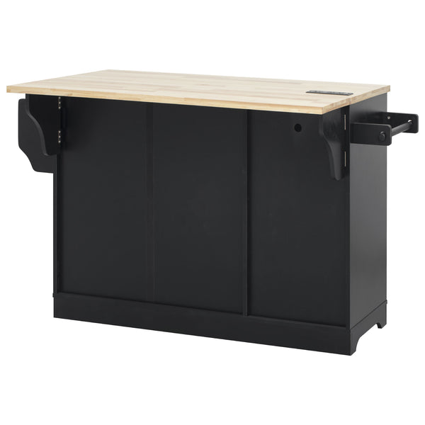 English Elm K&K Vintage Kitchen Island with Rubberwood Top, Hidden Wheels, Pull-Out Trash & Charging Station Black N707P299014B