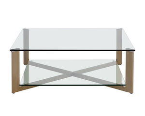 Sunpan Xavier Coffee Table - Modern Tempered Glass with Antique Brass Frame, Perfect for Stylish Decor Square - 43.25W x 43.25D x 16H