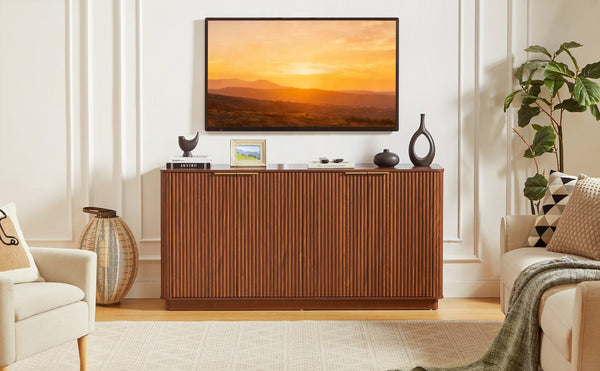 English Elm 63" Wave Front Sideboard with Four Door Storage for Living Room Hallway Bedroom Walnut W1820P431359