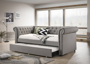 English Elm Luxurious Tufted Daybed with Nailhead Trim and Built-In Trundle — Elegant Rolled Arms, Plush Fabric Comfort Gray 41.88 L x 16 W x 6.25 H B011S01633
