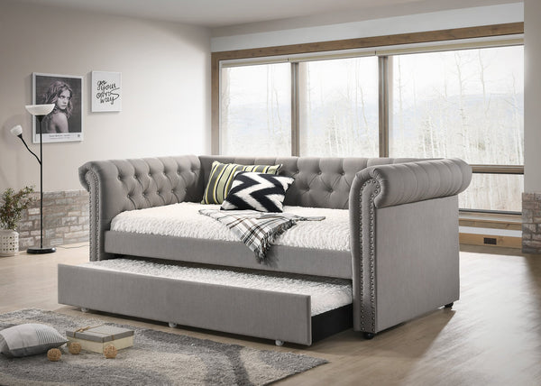 English Elm Luxurious Tufted Daybed with Nailhead Trim and Built-In Trundle — Elegant Rolled Arms, Plush Fabric Comfort Gray 41.88 L x 16 W x 6.25 H B011S01633