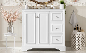 English Elm 36'' Transitional Bathroom Vanity with Ceramic Sink, Solid Wood Frame, Adjustable U-Shelf & Soft-Close Doors White N729P292966K