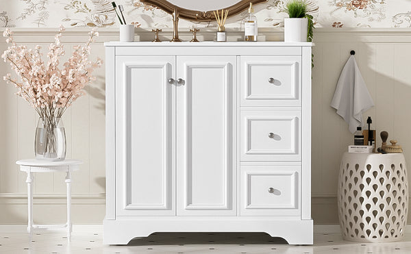 English Elm 36'' Transitional Bathroom Vanity with Ceramic Sink, Solid Wood Frame, Adjustable U-Shelf & Soft-Close Doors White N729P292966K
