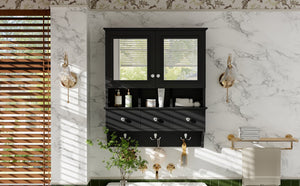 English Elm 4-in-1 Wall Mounted Bathroom Cabinet with Mirror Drawers and Towel Hooks Vanity Black N710P405416B