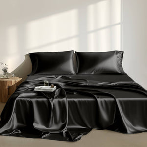 JLA Home Madison Park Essentials - Luxury Satin 6 PC Sheet Set — OEKO-TEX Certified, Wrinkle-Resistant, Silky Smooth for Beauty Sleep Black SHET20-173