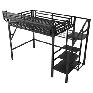 English Elm Full Size Metal Loft Bed with Wardrobe Stairs Rgb Lighting Industrial Frame W2580S00051