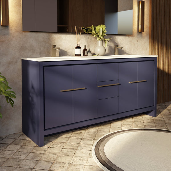 English Elm Navy Blue Double Bath Vanity 72" W With Cultured Marble Top, Soft-Close Drawers & Ample Storage B2731P259498