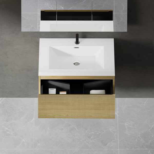 English Elm 30'' Wall Mounted Bathroom Vanity Smoked Walnut Fluted Cabinet Matte Black Basin W1920P385437