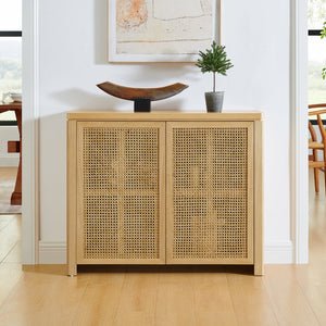 English Elm 39.4" Mid Century Modern Rattan Sideboard Buffet Cabinet with Pop-Up Doors, Charging Holes, Stylish Storage Natural W1801P362143