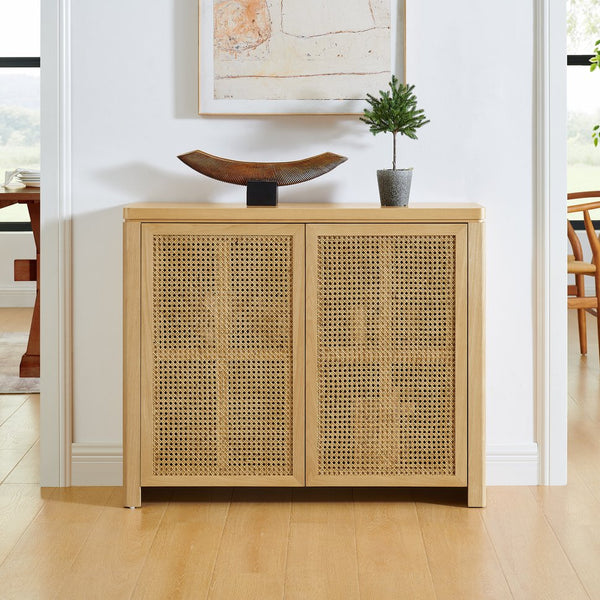 English Elm 39.4" Mid Century Modern Rattan Sideboard Buffet Cabinet with Pop-Up Doors, Charging Holes, Stylish Storage Natural W1801P362143