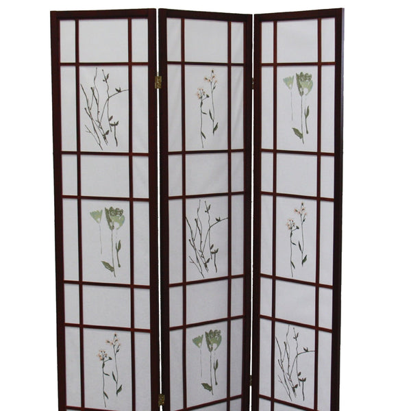English Elm 70" Elegant 3-Panel Shoji Room Divider In Cherry Finish – Traditional Privacy Screen With Floral Design B072115968