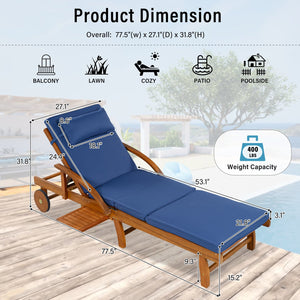 English Elm U_style Acacia Wood Outdoor Chaise Lounger with Reclining Backrest Cushions and Side Tray Navy Blue N711P415859C